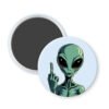 Magnet with an alien design showing a middle finger on a light green background