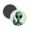 Magnet with an alien design showing a middle finger on a light green background