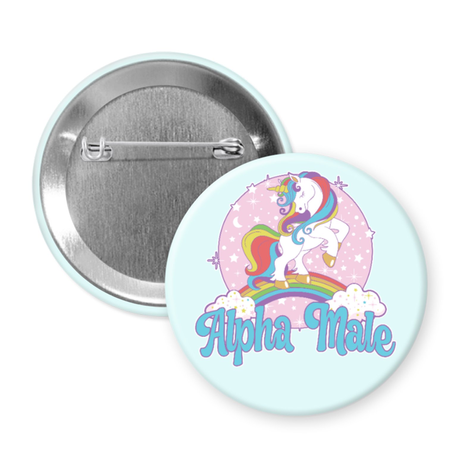 “Alpha Male” – Funny Rainbow Unicorn Magnet or Button for Satirical Tough Guys
