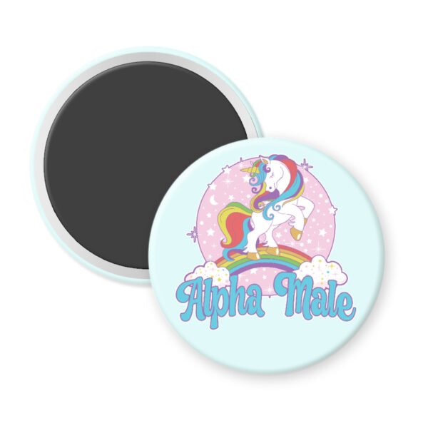 Magnet with unicorn design and 'Alpha Male' text on a light blue background