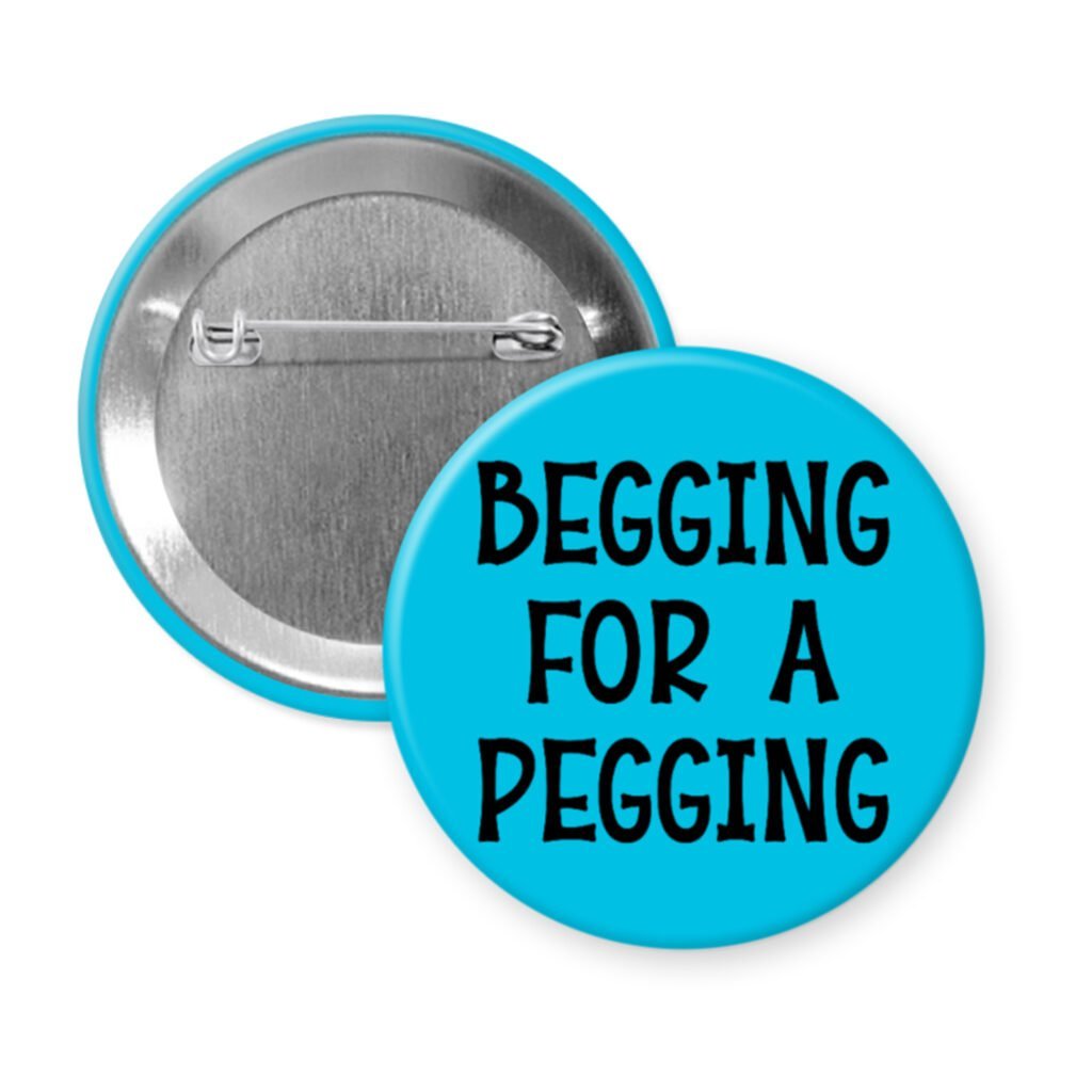 Blue pinback button with the text 'Begging for a pegging' printed in black.