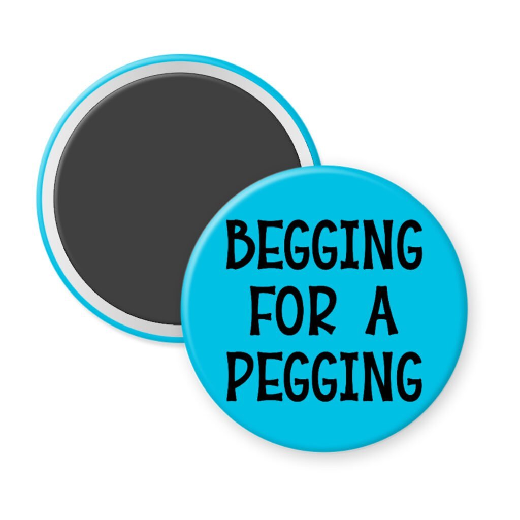 Blue magnet with the text 'Begging for a pegging' printed in black.