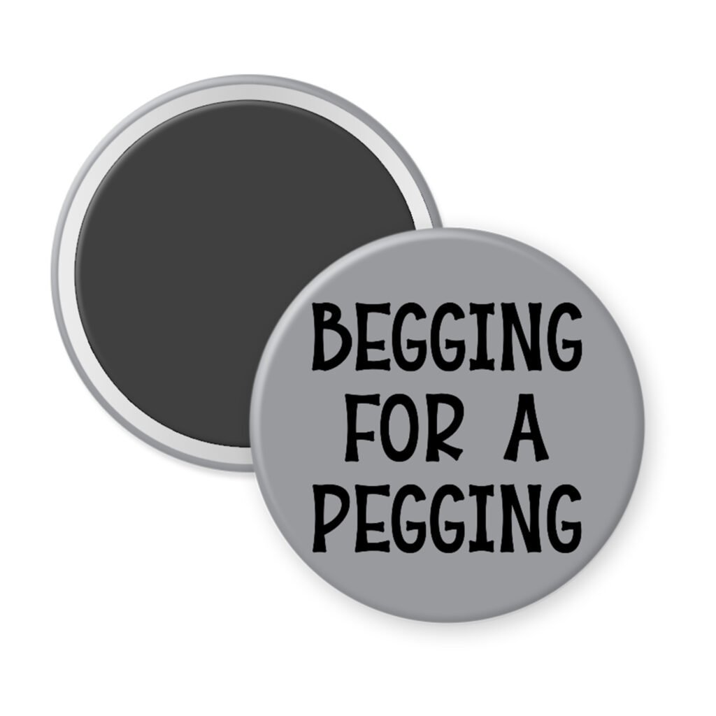 Grey magnet with the text 'Begging for a pegging' printed in black.