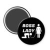 Black magnet with graphic of collared and leashed man on his hands and knees being led by a woman and the words Boss lady.