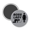 Grey magnet with a graphic of a collared and leashed man on hands and knees, a woman figure holding the leash with the text 'BOSS LADY' printed in black.