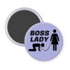 Purple magnet with a graphic of a collared and leashed man on hands and knees, a woman figure holding the leash with the text 'BOSS LADY' printed in black.