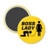 Yellow magnet with a graphic of a collared and leashed man on hands and knees, a woman figure holding the leash with the text 'BOSS LADY' printed in black.