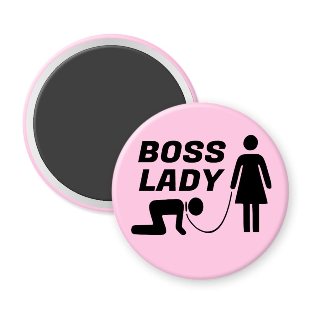Light pink magnet with a graphic of a collared and leashed man on hands and knees, a woman figure holding the leash with the text 'BOSS LADY' printed in black.