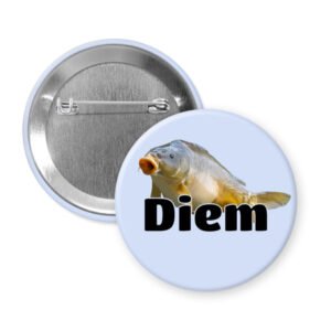Button badge with a fish carp image and the word 'Diem' on a white background