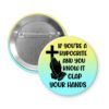 Hypocrite clap button badge with cross and hands design and text on a gradient background
