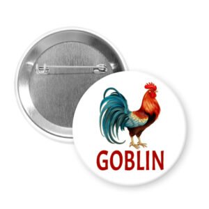 Button badge with a colorful rooster illustration and 'Goblin' text on a white background