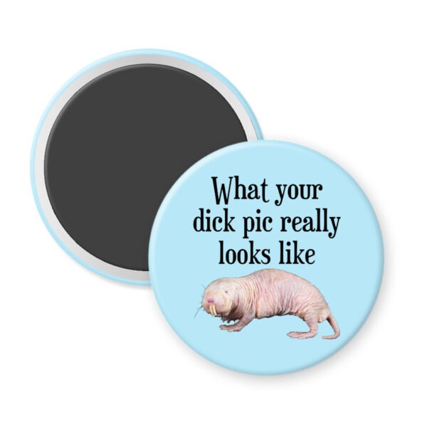 Dick pic parody button magnet with a naked mole-rat and text on a light blue background