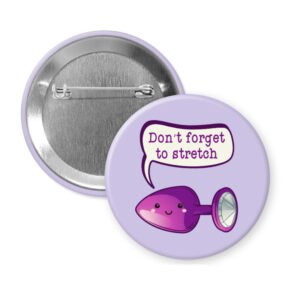 Purple button with a purple stretch toy illustration and 'Don't forget to stretch' text on a white background