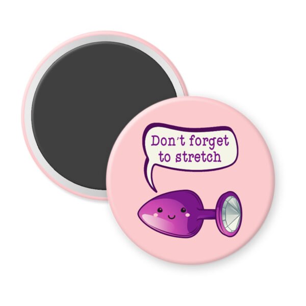 Pink button with a purple stretch toy illustration and 'Don't forget to stretch' text on a white background