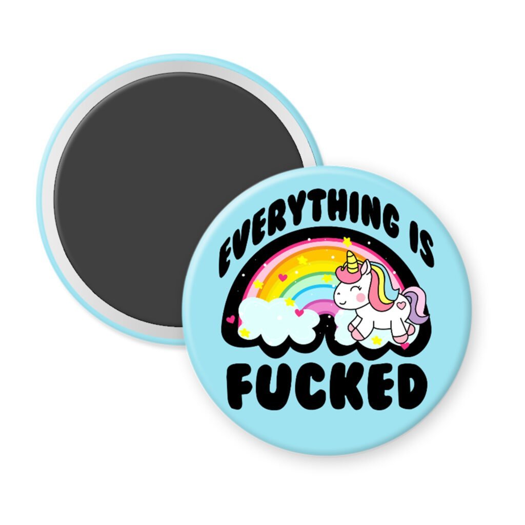 Magnet with unicorn and rainbow design on a light blue background