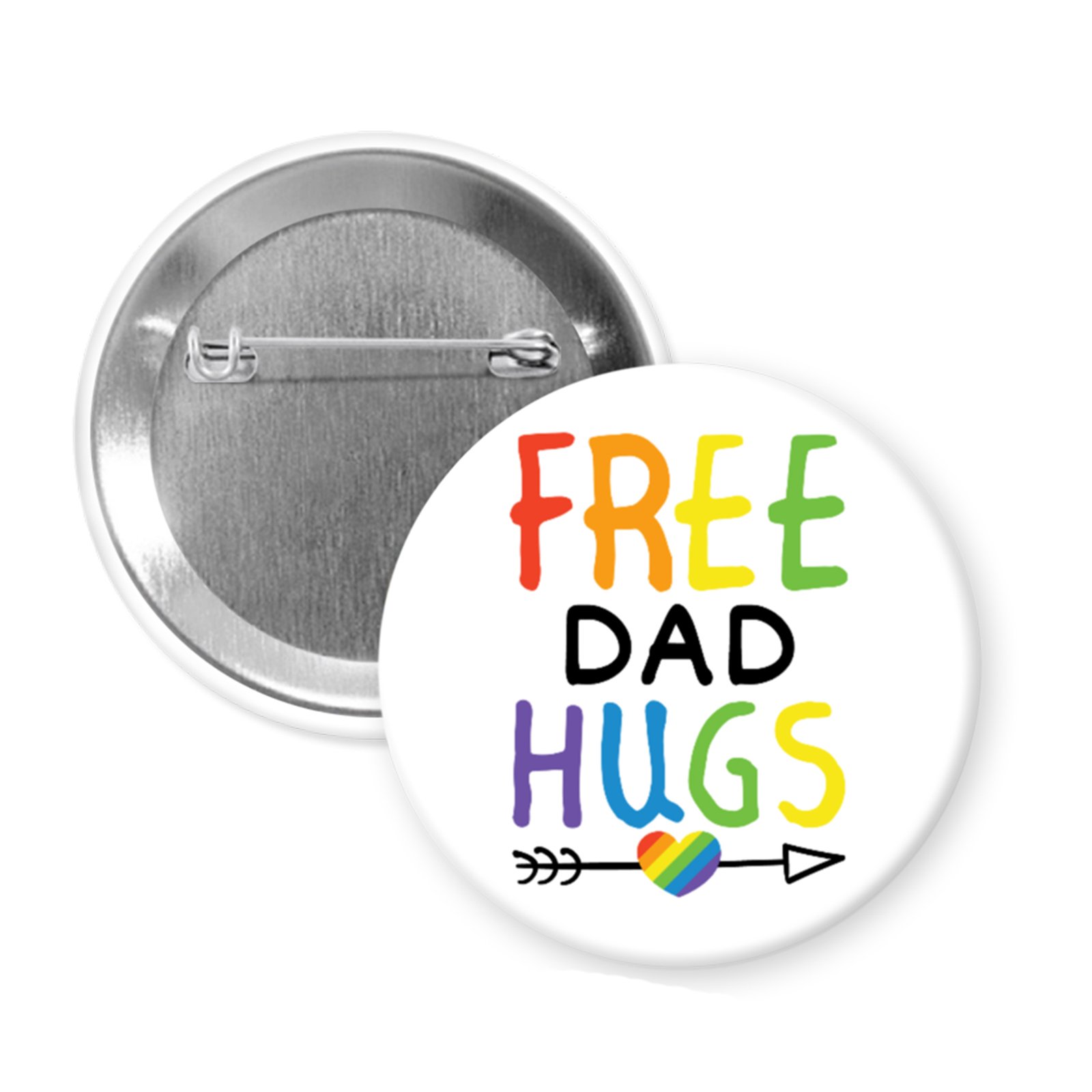 “Free Dad Hugs” – LGBTQ+ Ally Pride Button or Magnet with Rainbow Lettering