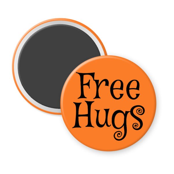 Orange magnet with 'Free Hugs' text.