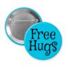 Blue button badge with 'Free Hugs' text.