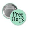 Mint button badge with 'Free Hugs' text.