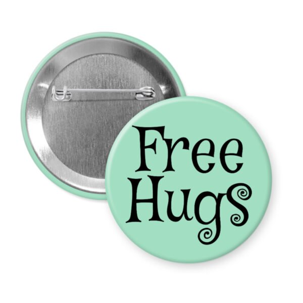 Mint button badge with 'Free Hugs' text.