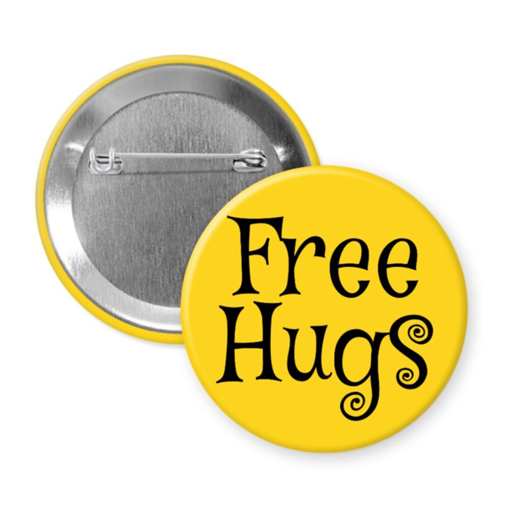 Yellow button badge with 'Free Hugs' text.