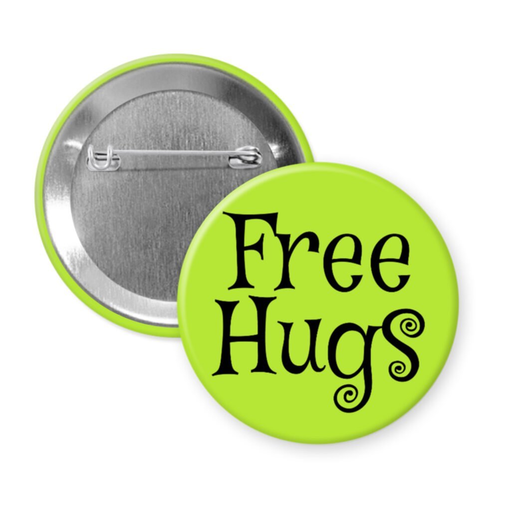 Green button badge with 'Free Hugs' text.