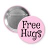 Light pink button badge with 'Free Hugs' text.