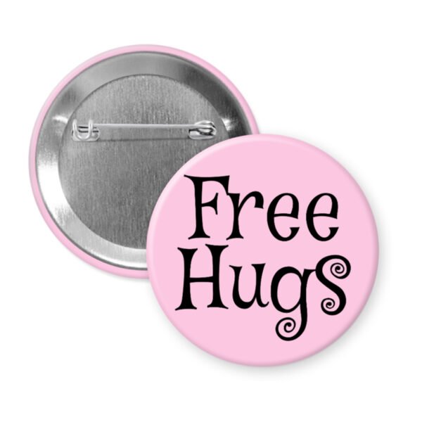 Light pink button badge with 'Free Hugs' text.