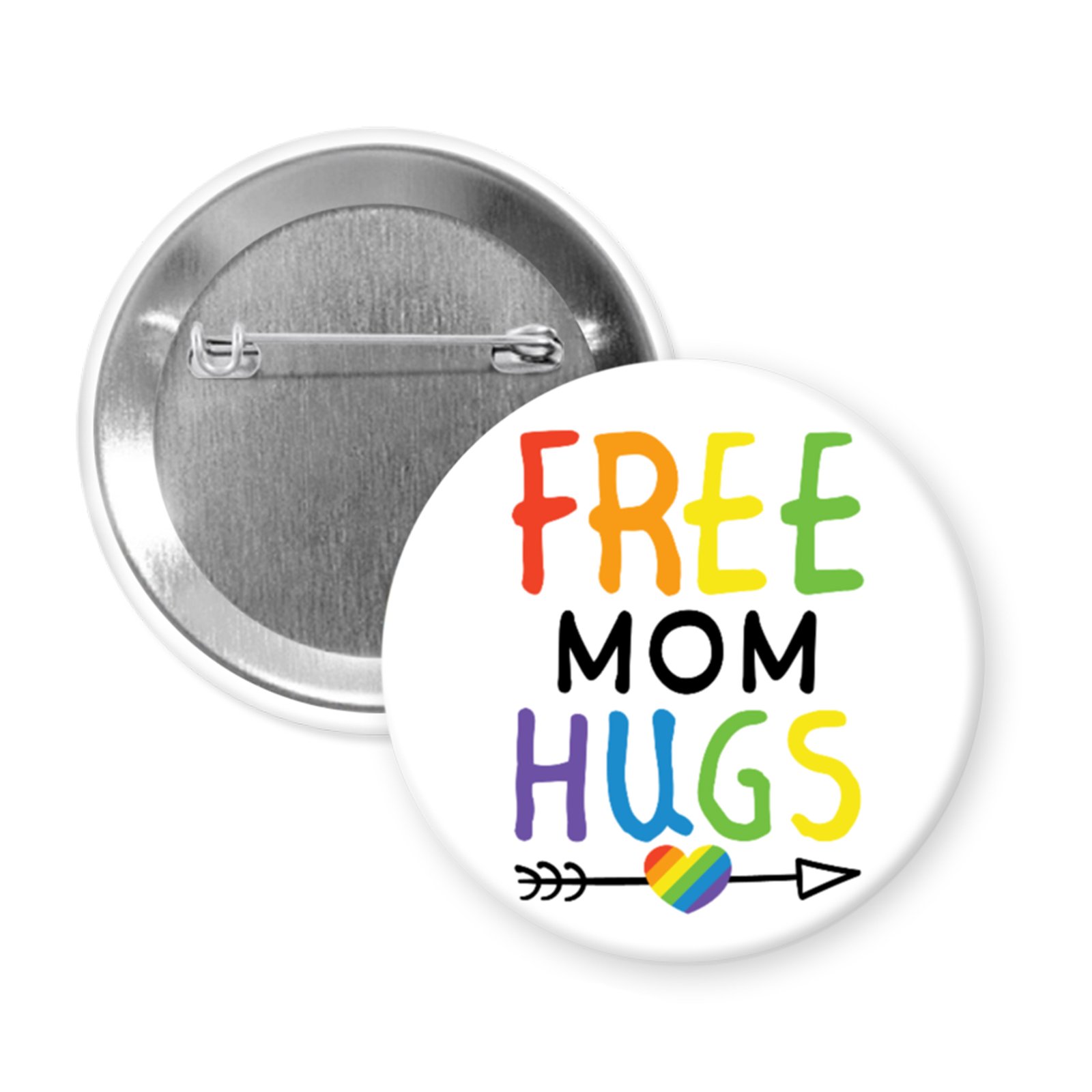 “Free Mom Hugs” – LGBTQ+ Ally Pride Button or Magnet with Rainbow Lettering