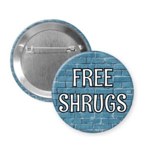 Button badge with 'FREE SHRUGS' text on a blue brick pattern