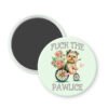 Magnet with a dog on a bicycle and text 'Fuck the Pawlice' on a light green background.