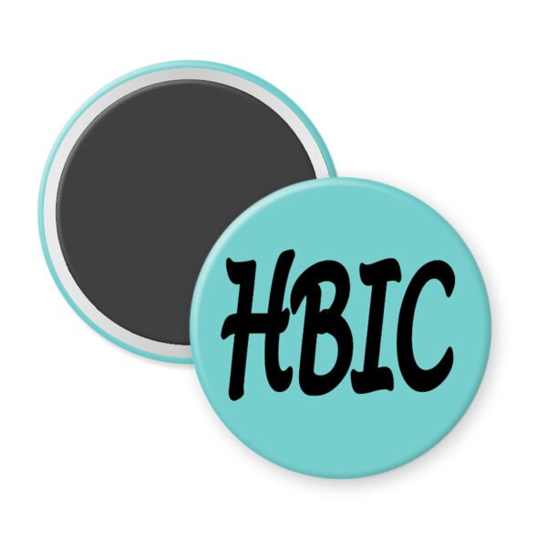 Blue magnet with 'HBIC' text on a white background