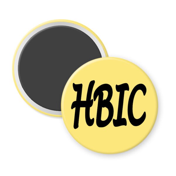 Yellow magnet with 'HBIC' text on a white background.
