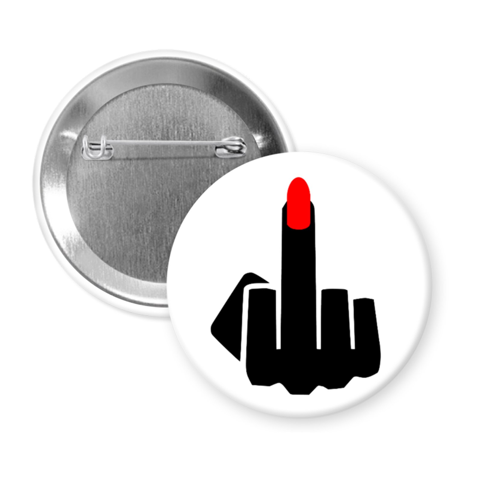lady mid finger button Button badge with a design of a middle finger with red nail polish on a white background