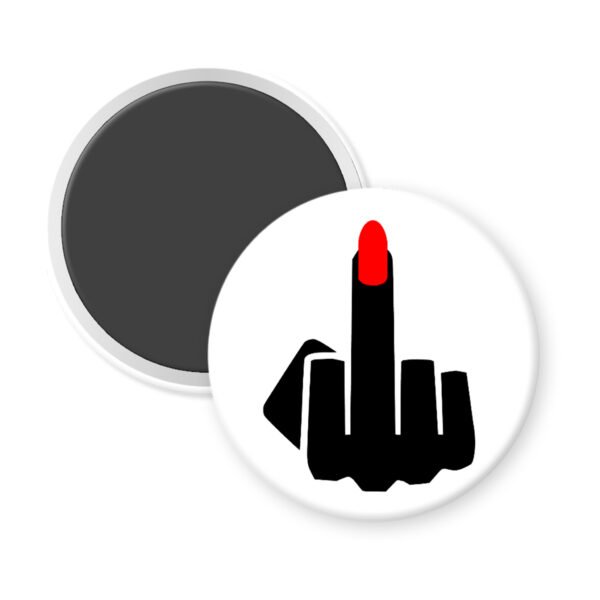 Magnet with a design of a middle finger with red nail polish on a white background