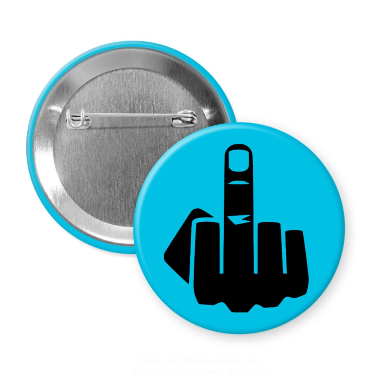 Blue pinback button with silhouette of middle finger printed in black.