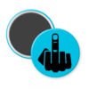 Blue magnet with silhouette of middle finger printed in black.