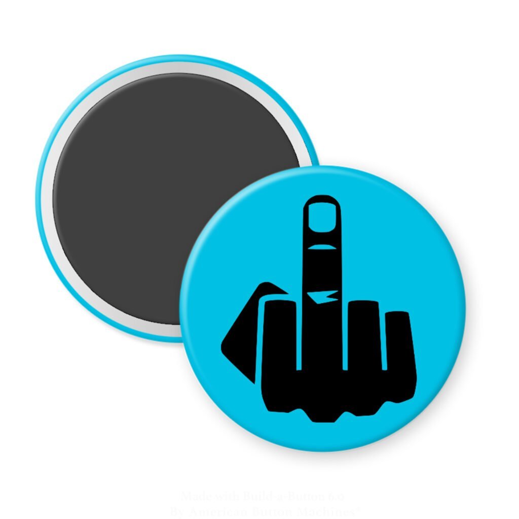 Blue magnet with silhouette of middle finger printed in black.