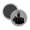 Grey magnet with silhouette of middle finger printed in black.