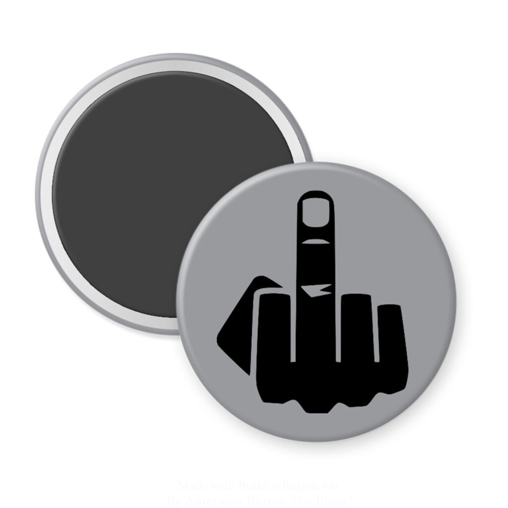 Grey magnet with silhouette of middle finger printed in black.