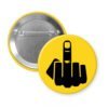 Yellow pinback button with silhouette of middle finger printed in black.