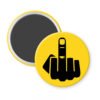 Yellow magnet with silhouette of middle finger printed in black.