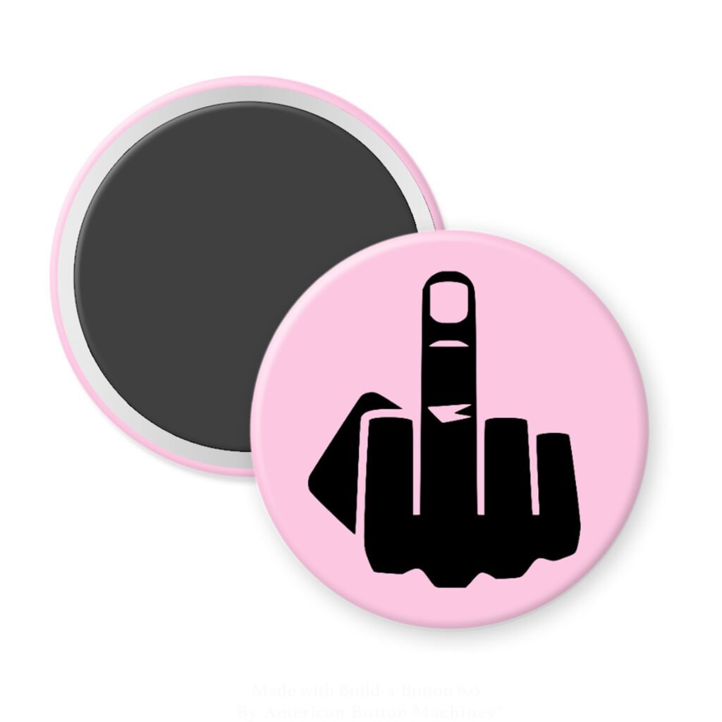 Pink magnet with silhouette of middle finger printed in black.