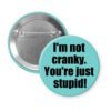 Blue pinback button with the text 'I'm not cranky. You're just stupid!' printed in black.