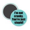 Blue magnet with the text 'I'm not cranky. You're just stupid!' printed in black.