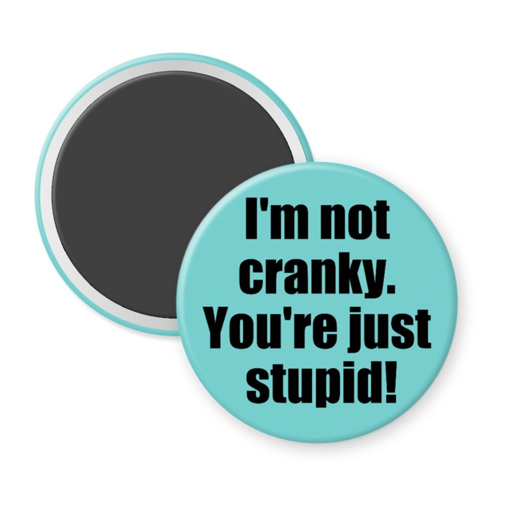 Blue magnet with the text 'I'm not cranky. You're just stupid!' printed in black.
