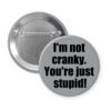 Grey pinback button with the text 'I'm not cranky. You're just stupid!' printed in black.