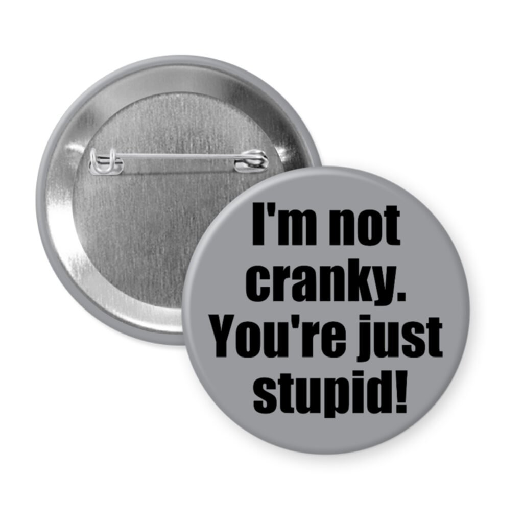 Grey pinback button with the text 'I'm not cranky. You're just stupid!' printed in black.