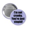 Purple pinback button with the text 'I'm not cranky. You're just stupid!' printed in black.