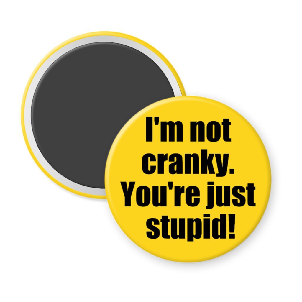 Yellow magnet with the text 'I'm not cranky. You're just stupid!' printed in black.
